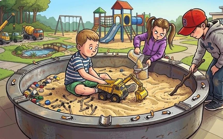 Kinder im Sand mit Kippen und Müll (Bild: KI-generiert)